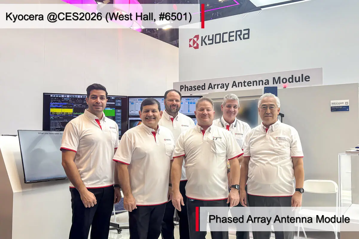 Kyocera's employees introducing Phased Array Antenna Module (PAAM)